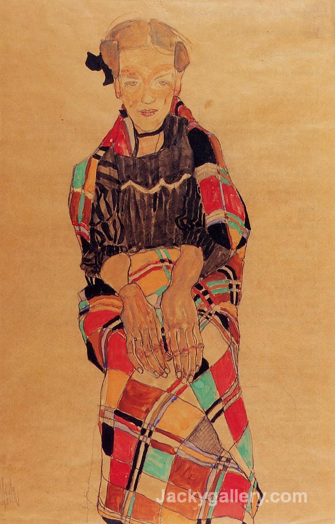 Girl in Black Pinafore, Wrapped in Plaid blanket by Egon Schiele paintings reproduction